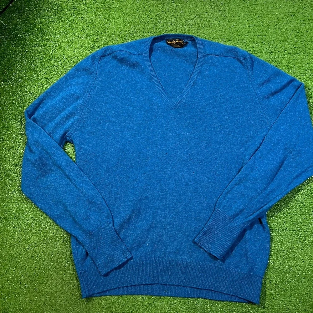 Vintage 50s Designer Sweater LG Lambs Wool Sweater Teal Blue Henley House Flaw